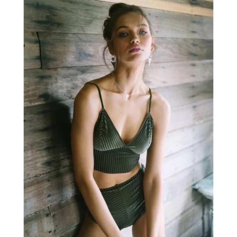 Olive Ribbed Velvet High Waisted Bikini BNWT